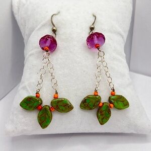 Vintage Boho Dangle Earrings | Pink Acrylic Beads & Green Leaf Drops
